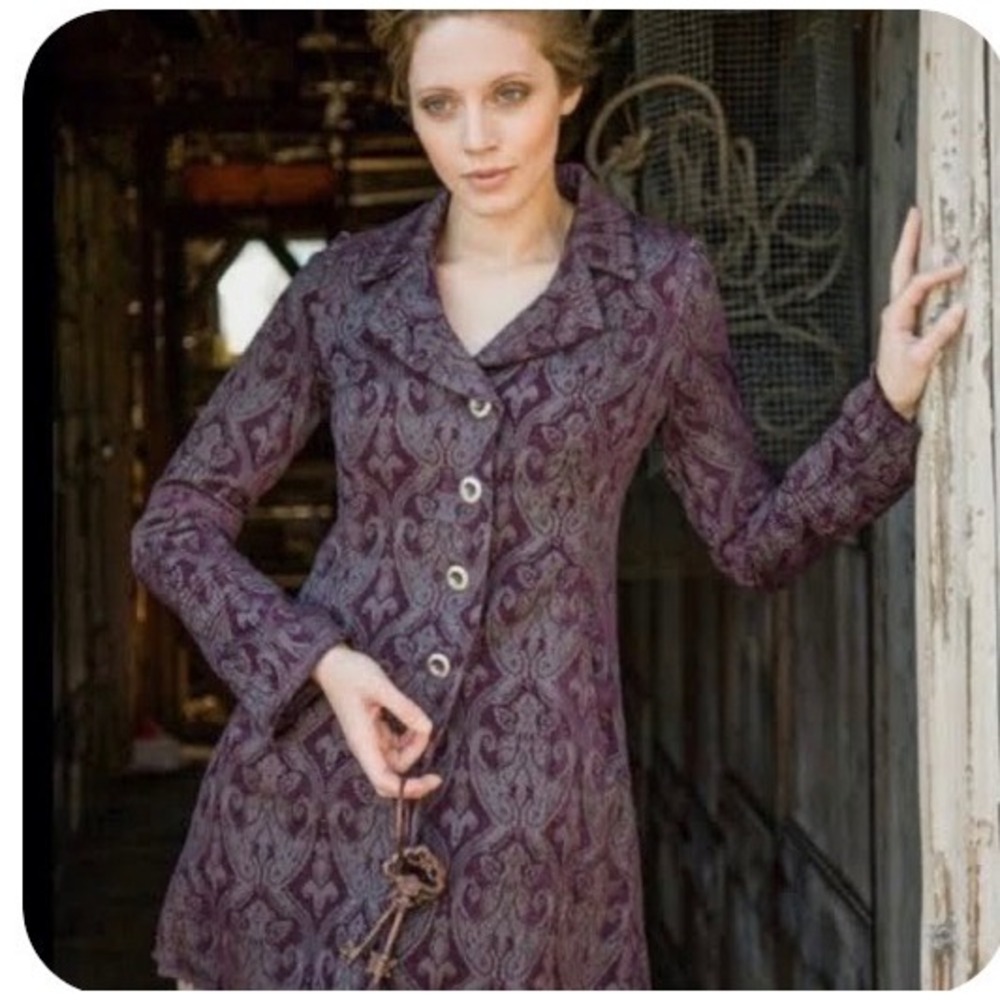 Free People Purple Tapestry Brocade Peacoat Women 2 Boho Victorian Steampunk